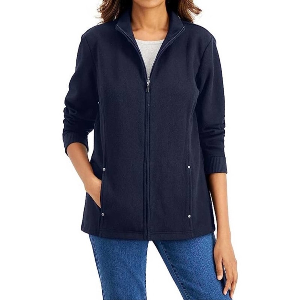 Karen Scott Sport Ribbed Mock Neck Full Zip Sweater Size Small Black